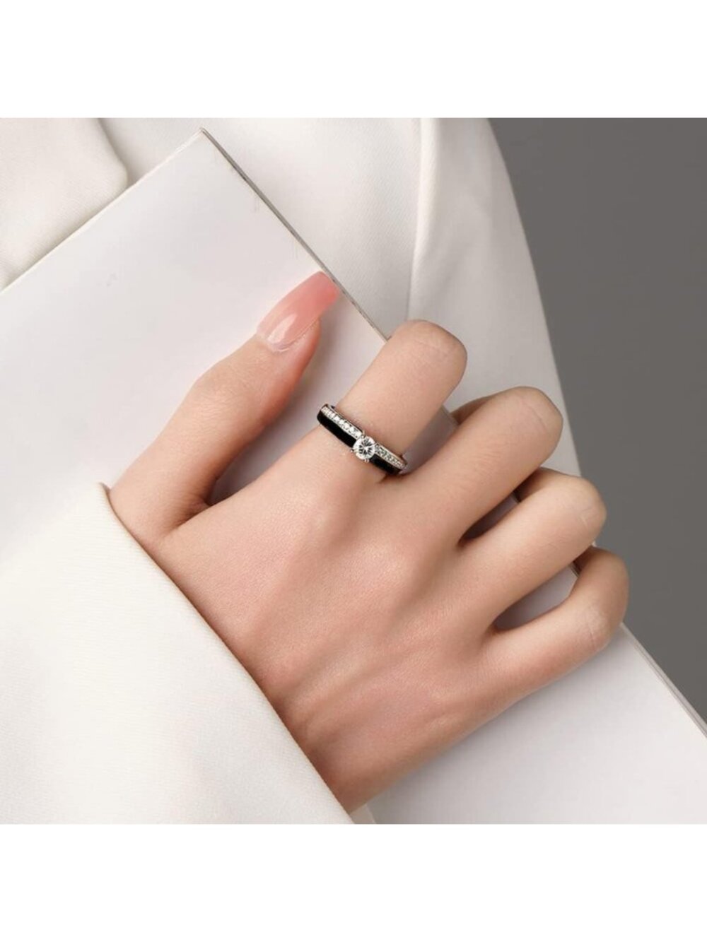 Stylish 6mm White & Black Ceramic Engagement Wedding Band with Zirconia, Sizes - Picture 3 of 6